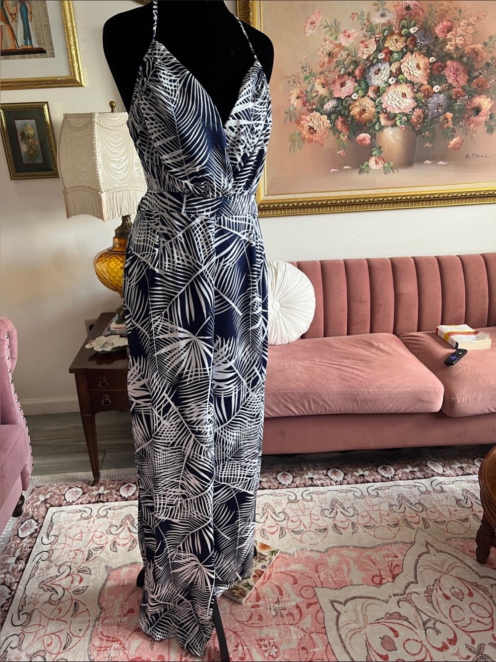 Fashion Nova Black & White Palm Halter Maxi Dress